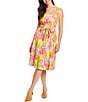 Color:Yellow/Pink - Image 1 - Sleeveless Square Neck Tie Waist Floral Print Fit and Flare Dress