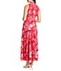 Color:Pink Mutli - Image 2 - Sleeveless Tie Halter Keyhole Neck Tiered Skirt Floral Maxi Dress
