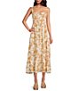Color:Brown Floral - Image 1 - Toasted Rose Floral Print Square Neck Sleeveless Smocked Midi Dress