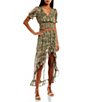 Color:Olive Multi - Image 3 - Coordinating Faux Wrap Ruffle Hem Hi-Low Floral Maxi Skirt