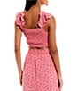 Color:Watermelon Pink Ditsy - Image 2 - Coordinating Ditsy Print Ruffle Strap Smocked Back Crop Top