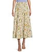 Color:Natural Garden Floral - Image 1 - High Rise Floral Print Tie Waist Tiered Midi Skirt
