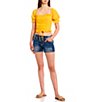 Color:Mango - Image 3 - Short Puff Sleeve Cinched Front Shadow Check Print Ruffle Trim Peasant Top
