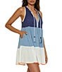Lucky Brand Lagos Color Block Split V Neck Flutter Hem Swim Cover-Up Dress, Color:Navy - Image 3