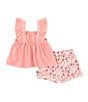 Color:Assorted - Image 2 - Little Girls 2T-6X Flutter Sleeve Crocheted-Trimmed Slub Jersey Tunic & Floral-Printed Muslin Shorts Set