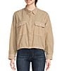 Color:Brown Stripe - Image 1 - Stripe Print Point Collared Flap Pocket Long Sleeve Utility Crop Shirt