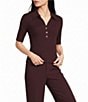 Lucy Paris Knit Point Collar V-Neck Short Sleeve Top - Image 1