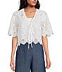 Color:White - Image 1 - Lace Embroidered V-Neck Short Sleeve Tie Front Top