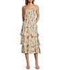 Lucy Paris Olive Floral Square Neck Spaghetti Strap Ruffle Smocked Tiered Midi Dress, Color:Ivory Floral - Image 1