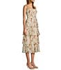 Lucy Paris Olive Floral Square Neck Spaghetti Strap Ruffle Smocked Tiered Midi Dress, Color:Ivory Floral - Image 3