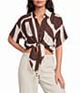 Lucy Paris Petite Size Rue Printed Collared Short Sleeve Coordinating Button Front Tie Top - Image 1