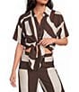 Lucy Paris Petite Size Rue Printed Collared Short Sleeve Coordinating Button Front Tie Top - Image 1
