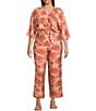 Lucy Paris Plus Rue Coordinating Flat Front Print Pants, Color:Coral - Image 3