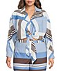 Lucy Paris Plus Size Rue Stripe Print Collared Long Sleeve Coordinating Button Front Tie Top - Image 1