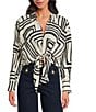 Lucy Paris Rue Geometric Print Collared V-Neck Tie Front Button Front Coordinating Top, Color:Cream Black - Image 1