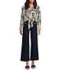 Lucy Paris Rue Geometric Print Collared V-Neck Tie Front Button Front Coordinating Top, Color:Cream Black - Image 3