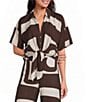 Lucy Paris Rue Geometric Printed Collared Short Sleeve Coordinating Button Front Tie Top - Image 1