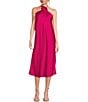 Color:Fuschia - Image 1 - Satin Halter Rosette Neck Sleeveless Midi Dress