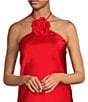 Color:Red - Image 3 - Satin Halter Rosette Neck Sleeveless Midi Dress