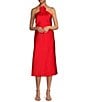 Color:Red - Image 1 - Satin Halter Rosette Neck Sleeveless Midi Dress