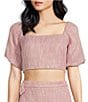 Color:Pink - Image 1 - Vanessa Square Neck Short Puff Sleeve Tie Back Cropped Top