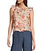 Color:Multi Floral - Image 1 - Woven Fumi Lace Floral Print Round Neck Sleeveless Ruffle Top