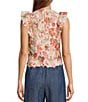 Color:Multi Floral - Image 2 - Woven Fumi Lace Floral Print Round Neck Sleeveless Ruffle Top