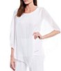 Color:White - Image 1 - Scoop Neck 3/4 Sleeve Asymmetrical Hem Silky Woven Top