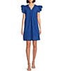 Color:Cobalt - Image 1 - M Made In Italy Cotton Eyelet V-Neck Ruffle Cap Sleeve Shift Dress