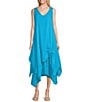 M Made in Italy Cotton Gauze V-Neck Sleeveless Layered Ruched Drawstring Midi A-Line Dress, Color:Ocean - Image 1