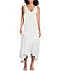 Color:White - Image 1 - M Made In Italy Cotton Gauze V-Neck Sleeveless Layered Ruched Drawstring Midi A-Line Dress