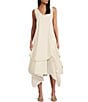 Color:Beige - Image 1 - M Made In Italy Cotton Gauze V-Neck Sleeveless Layered Ruched Drawstring Midi A-Line Dress
