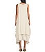 Color:Beige - Image 2 - M Made In Italy Cotton Gauze V-Neck Sleeveless Layered Ruched Drawstring Midi A-Line Dress