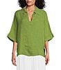 Color:Green - Image 1 - Johnny Collar Neck 3/4 Sleeve Linen Blouse