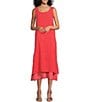 Color:Corallo - Image 1 - M Made In Italy Linen Scoop Neck Sleeveless Side Slit Layered Midi Shift Dress