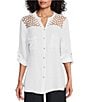 Color:White - Image 1 - M Made In Italy Linen Crochet Short Sleeve Button Front Top