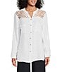 Color:White - Image 3 - M Made In Italy Linen Crochet Short Sleeve Button Front Top