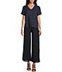 Color:Navy - Image 3 - M Made In Italy Linen Pleated Elastic Waist Pull-On Ankle Length Wide Leg Pants