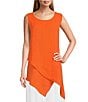 Color:Orange - Image 1 - Linen Sleeveless Round Neck Asymmetrical Layered Hem Tunic