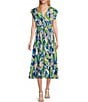 Color:Blue Combo - Image 1 - M Made In Italy Printed V-Neck Flutter Cap Sleeve Smocked Waist A-Line Midi Dress