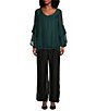 Color:Green - Image 3 - Scoop Neck Long Tiered Bell Sleeve Crochet Trim Silky Blouse