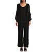 Color:Black - Image 3 - Scoop Neck Long Tiered Bell Sleeve Crochet Trim Silky Blouse