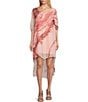 Color:Pink Combo - Image 1 - M Made In Italy Silky Marble Print Scoop Neck Short Sleeve High-Low Hem Shift Dress