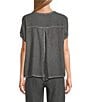 M Made in Italy Textured Linen Blend Split V-Neck Short Sleeve Top, Color:Black - Image 2