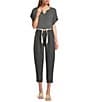 M Made in Italy Textured Linen Blend Split V-Neck Short Sleeve Top, Color:Black - Image 3