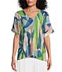 Color:Blue Combo - Image 1 - M Made In Italy V Neckline Short Sleeve Top