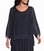 M Made in Italy Woven Silky Scoop Neck 3/4 Sleeve High Low Hem Top - Image 1