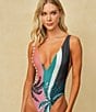 Color:Green - Image 3 - Zoe Plunge V-Neck One Piece Swimsuit