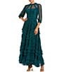 Mac Duggal 3/4 Puff Sleeve Mesh Micro Ruffle Long Gown - Image 1