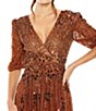 Color:Cinnamon - Image 3 - 3/4 Puffed Sleeve V-Neck Embellished Dress
